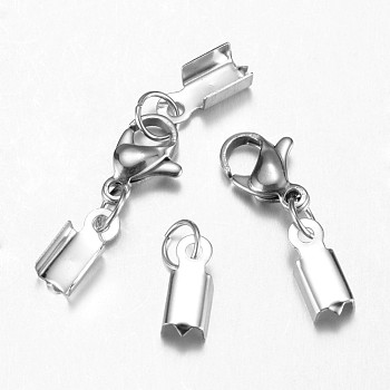 304 Stainless Steel Lobster Claw Clasps, with Cord Ends, Stainless Steel Color, 34mm