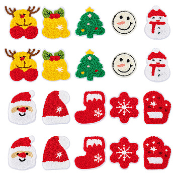 20Pcs 10 Style Christmas Theme Towel Embroidery Cloth Sew on Patches, Costume Accessories, Bell/Tree/Snowman, Mixed Color, 45~64x45~66x3~4mm, 2pcs/style