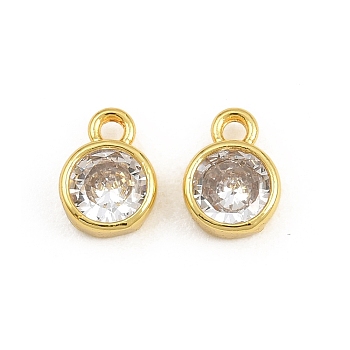 Brass Pave Clear Cubic Zirconia Charms, Flat Round Charms, Single Stone Charms, Rack Plating, Long-Lasting Plated, Cadmium Free & Lead Free, Real 18K Gold Plated, 8.5x6x3mm, Hole: 1.4mm