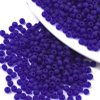 Frosted Colours Glass Beads, Transparent Colours, Round, Dark Blue, 4x3mm, Hole: 1mm, about 4500pcs/bag