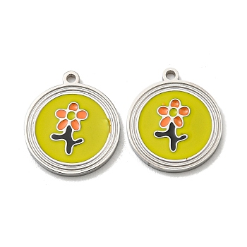 304 Stainless Steel Pendants, with Enamel, Flat Round with Flower Charm, Stainless Steel Color, 16x14x1.5mm, Hole: 1.2mm