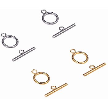 304 Stainless Steel Ring Toggle Clasps, Golden & Stainless Steel Color, Ring: 19x14x2mm, Hole: 3mm, Bar: 24.5x7x2.5mmm, Hole: 3mm, 12sets/box