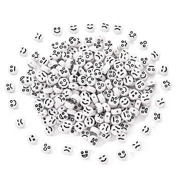 Opaque Acrylic Beads, Flat Round with Black Random Expression, White, 7x4mm, Hole: 1.6mm, 200pcs/set