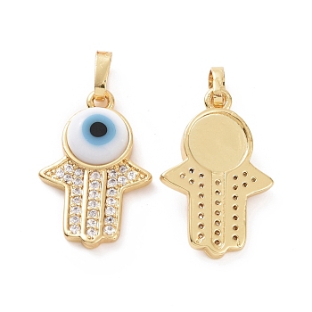 Brass Micro Pave Cubic Zirconia Pendants, with Handmade Evil Eye Lampwork, Hamsa Hand Charm, Real 18K Gold Plated, White, 23x15x4mm, Hole: 4x6.5mm
