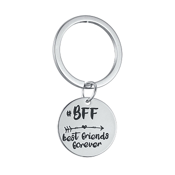 Alloy Keychain, Cadmium Free & Lead Free, Flat Round with Word BFF Best Friends Forever, Platinum, 53mm