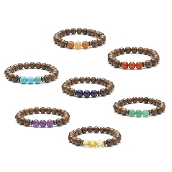 7Pcs 7 Style Natural & Synthetic Mixed Gemstone & Wenge Wood Beaded Stretch Bracelets Set, Chakra Yoga Stackable Bracelets for Women, Inner Diameter: 2-3/8 inch(6.15cm), 1Pc/style