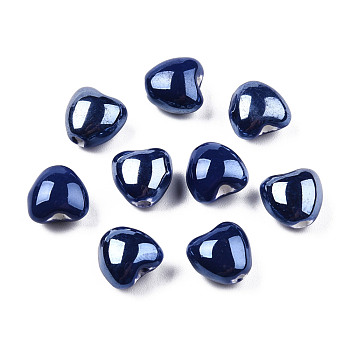 Pearlized Handmade Porcelain Beads, Heart, Midnight Blue, 10x10x7mm, Hole: 1.8mm