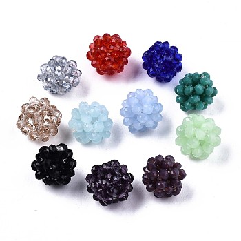 Glass Round Woven Beads, Cluster Beads, Faceted, Mixed Color, 11~12mm, Hole: 1.5mm, Beads: 3x2.5mm