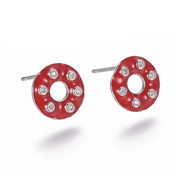 Brass Micro Pave Cubic Zirconia Ear Studs, with Enamel, Donut, Clear, Platinum, Red, 9.5~10mm, Pin: 0.7mm