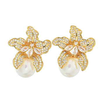 Rack Plating Brass Micro Pave Clear Cubic Zirconia Stud Earrings, with Shell Pearl, Flower, Golden, 33x27mm