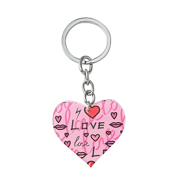 Valentine's Day Acrylic Keychain, with Iron Ring, Heart with Love, Pink, 8.7cm