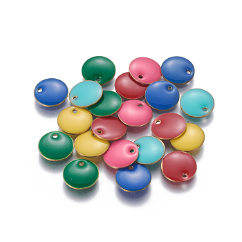 Brass Enamel Charms, Enamelled Sequins, Flat Round, Golden, Mixed Color, 10x1.7mm