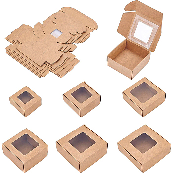 BENECREAT 24Pcs 6 Styles Paper with PVC Candy Boxes, with Square Window, for Bakery Box, Baby Shower Gift Box, Square, BurlyWood, 4pcs/style