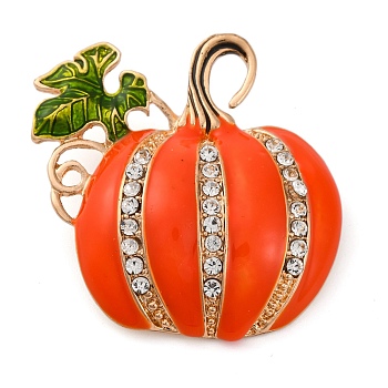 Zinc Alloy Crystal Rhinestone Brooch, Halloween Enamel Pins for Clothes Backpack, Pumpkin, 43.5x43mm