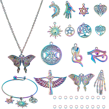 DIY Pendant Necklace & Bangle Making Kits, Including Tree of Life & Moon & Star & Butterfly & Heart Alloy Pendants, 304 Stainless Steel Expandable Bangle Making & Cable Chain Necklace, Rainbow Color, 36pcs/box