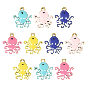 10Pcs 5 Colors Ion Plating(IP) 201 Stainless Steel Charms, with Enamel, Real 18K Gold Plated, Sea Animal, Octopus Charms, Mixed Color, 13.5x12x1.5mm, Hole: 1.4mm, 2pcs/color