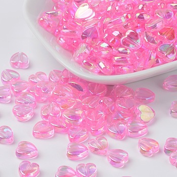 Eco-Friendly Transparent Acrylic Beads, Heart, Pink, AB Color, about 8mm in diameter, 3mm thick, hole: 1mm