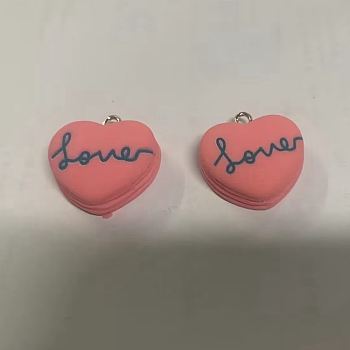 Opaque Resin Pendants, Heart with Word Love Charm, with Platinum Tone Iron Loops, Light Coral, 22x21.5x9mm, Hole: 2x2.5mm