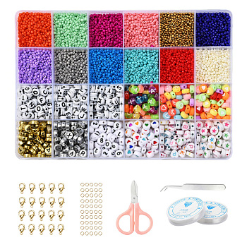 DIY Jewelry Making Kits, Including Round Glass Seed Beads, Flat Round Acrylic Beads, Elastic Crystal Thread, Tweezers, Scissors, Alloy Clasps and Iron Jump Rings, Mixed Color, Beads: 10200pcs/set