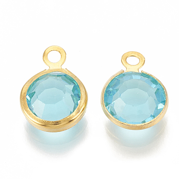 Glass Charms, with 304 Stainless Steel Finding, Flat Round, Faceted, Golden, Light Sky Blue, 12x8.5x4mm, Hole: 1.5mm