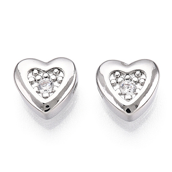Brass Micro Pave Cubic Zirconia Beads, Heart, Real Platinum Plated, 7x8x3.5mm, Hole: 0.9mm