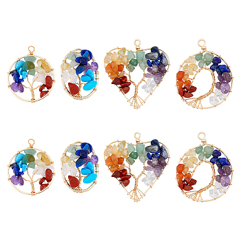 8Pcs 4 Styles 7 Chakra Gemstone Copper Wire Wrapped Chips Pendants, Tree of Life & Oval & Heart Charms, Light Gold, 30.5~53.5x22~46.5x7~10mm, Hole: 1~5.5mm, 2pcs/style