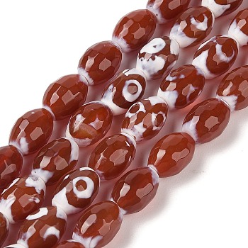 Natural Tibetan dZi Agate Beads Strands, Natural Agate, Deyd & Heated, Faceted, Oval, FireBrick, 13x10mm, Hole: 1.2mm, about 28pcs/strand, 15.20''(38.6cm)