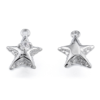 Brass Pave Clear Cubic Zirconia Charms, Cadmium Free & Nickel Free & Lead Free, Star, Platinum, 11.5x9x5mm, Hole: 1mm