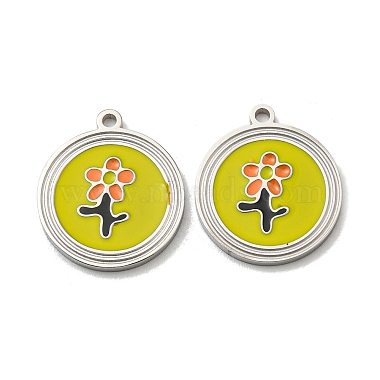Stainless Steel Color Yellow Flat Round Stainless Steel+Enamel Pendants