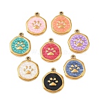 304 Stainless Steel Enamel Pendants, Flat Round, Golden, Paw Print, 15.5~16.5x13.5x2.5mm, Hole: 1.2~1.4mm(STAS-P425-01G-13)