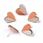 Transparent Resin & Wood Stud Earrings, with 304 Stainless Steel Pin, Heart, Light Salmon, 15x14~15mm, Pin: 0.7mm(EJEW-N017-002A-D04)