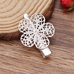 Iron Alligator Hair Clip Findings, with Brass Filigree Flower Cabochon Bezel Settings, Silver, 35x25.5x9mm(OHAR-PW0001-032S)