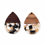 Transparent Resin & Walnut Wood Pendants, with Gold Foil, Teardrop Charm, Black, 36x24.5x3mm, Hole: 2mm(RESI-N025-028-A01)
