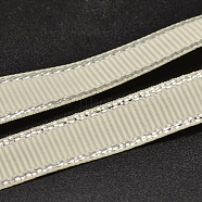 Polyester Grosgrain Ribbons for Gift Packing, Silver Wired Edge Ribbon, Beige, 3/8 inch(9mm), about 100yards/roll(91.44m/roll)(SRIB-L022-009-028)