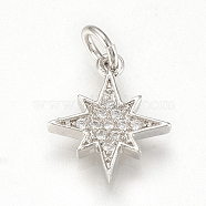 Brass Micro Pave Cubic Zirconia Charms, with Jump Rings, Star, Platinum, 13x11.5x2mm, Hole: 3mm(X-ZIRC-Q015-041P)