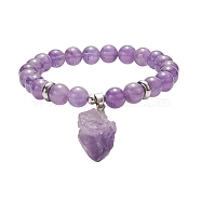 Round Natural Amethyst Beaded Stretch Bracelet with Nuggets Charms for Women, Inner Diameter: 2-1/8 inch(5.5cm)(BJEW-JB09316-01)