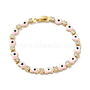 Rack Plating Iron Heart & Square Link Chains Bracelets, Enamel Evil Eye Bracelet with Clear Cubic Zirconia, Golden, Pink, 7-5/8 inch(19.5cm)(BJEW-I300-03B)