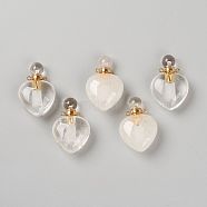 Natural Quartz Crystal Pendants, Openable Perfume Bottle, with Golden Tone Brass Findings, Heart Shape, 33~35x22~23x12~13mm, Hole: 3.5mm, capacity: 1ml(0.03 fl. oz)(G-H252-C07)