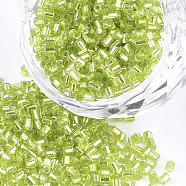Grade A Glass Seed Beads, Hexagon(Two Cut), Silver Lined, Green Yellow, 1.5~2.5x1.5~2mm, Hole: 0.8mm, about 2100pcs/bag, 450g/bag(SEED-S022-04A-16)