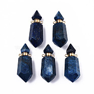 Faceted Natural Lapis Lazuli Pendants, Openable Perfume Bottle, with Golden Tone Brass Findings, Hexagon, 40~41.5x15x13.5mm, Hole: 1.8mm, Bottle Capacity: 1ml(0.034 fl. oz)(G-T131-15B)