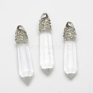 Faceted Bullet Glass Pointed Pendants, with Platinum Plated Brass Findings, Clear, 34~45x8~10mm, Hole: 3mm(G-F290-01H)