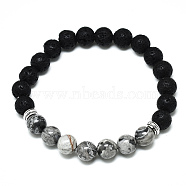 Natural Picasso Jasper Beads Stretch Bracelets, with Synthetic Lava Rock Beads and Alloy Beads, Round, Inner Diameter: 2-1/8 inch(5.5cm), Beads: 8.5mm(BJEW-R309-02-A02)