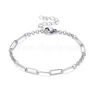 Chain Bracelets, with Brass Rolo Chains, 304 Stainless Steel Paperclip Chains and Lobster Claw Clasps, Stainless Steel Color, 7-1/4 inch(18.5cm)(BJEW-JB05128)