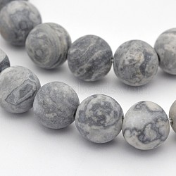 Natural Map Stone/Picasso Stone/Picasso Jasper Beads Strands, Round, Frosted, Dark Gray, 6mm, Hole: 1mm, about 59pcs/strand, 15 inch(X-G-D657-6mm)