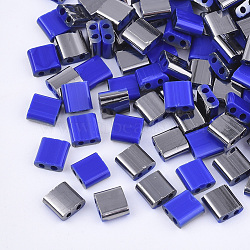 2-Hole Glass Seed Beads, Half Gunmetal Plated Colours, Square, Blue, 5x4.5~5.5x2~2.5mm, Hole: 0.5~0.8mm, about 1180pcs/bag(SEED-S031-L-048-H)