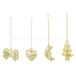 4Pcs 4 Style Loose Tea Infuser with Chain & Hook, 304 Stainless Steel Mesh Tea Ball Strainer, Heart & Dog Bone & Christmas Tree & Moon Shape, Golden, 145~190x3mm, 1pc/style(AJEW-DC0001-10)