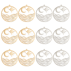 12Pcs 2 Colors 201 Stainless Steel Pendants, Flat Round with Star & Moon, Real Gold Plated & Stainless Steel Color, 33x31x1mm, Hole: 1.4mm, 6pcs/color(STAS-DC0012-17)
