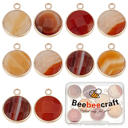 Beebeecraft 10Pcs Natural Red Agate Dyed Pendants, Faceted Flat Round Charms, with Golden Tone Brass Findings, 21x18x6mm, Hole: 2mm(G-BBC0001-37B)