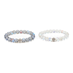 2Pcs 2 Color Synthetic Moonstone Round Beaded Stretch Bracelets Set with Rhinestone, Gemstone Jewelry for Women, Mixed Color, Inner Diameter: 2-1/4 inch(5.8cm), 1Pc/color(BJEW-JB07888)