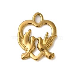 Ion Plating(IP) 304 Stainless Steel Pendants, Heart with Couple Bird Charms, Real 18K Gold Plated, 18x15x2mm, Hole: 1.5x2.5mm(STAS-N103-58G)